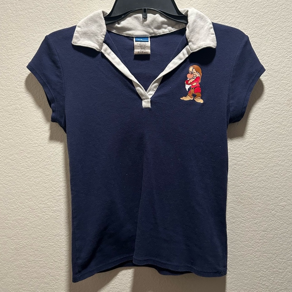 vintage snow white grumpy navy and white graphic polo shirt